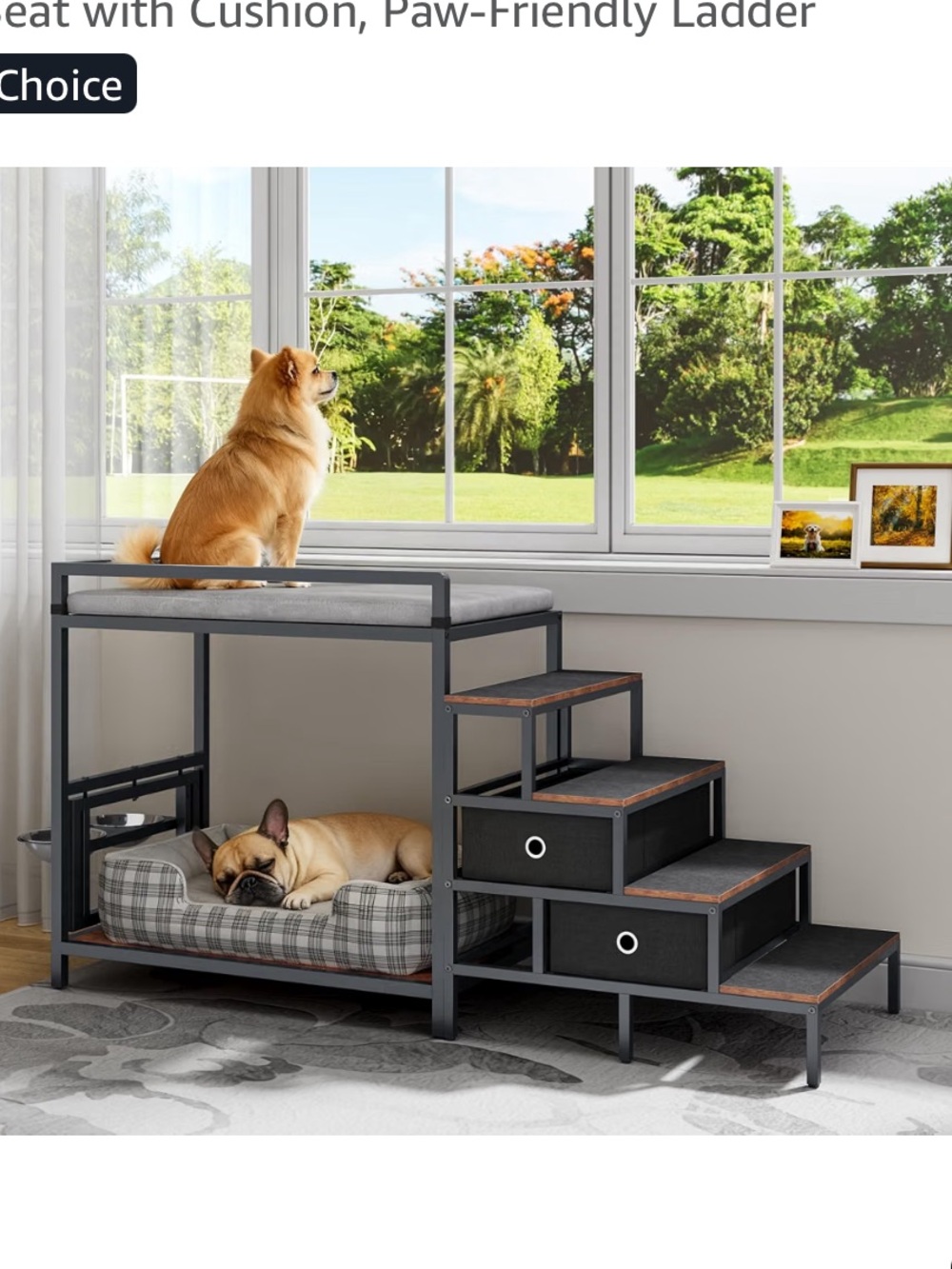 Black and Gray Elevated Pet Bunk Bed with Steps